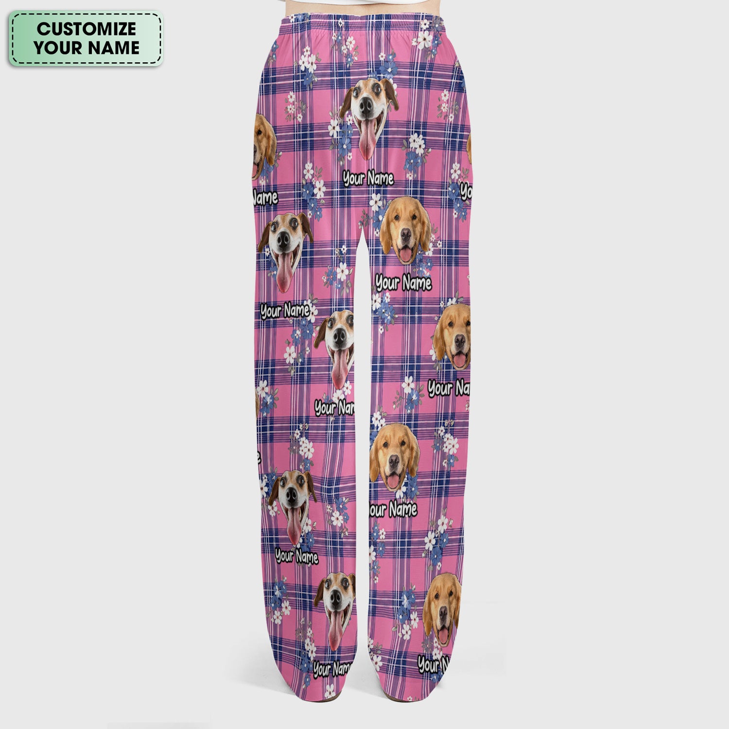 Custom Face Dog With Floral Plaid Pattern Scrub Set, Scrub Pants and V Neck Top