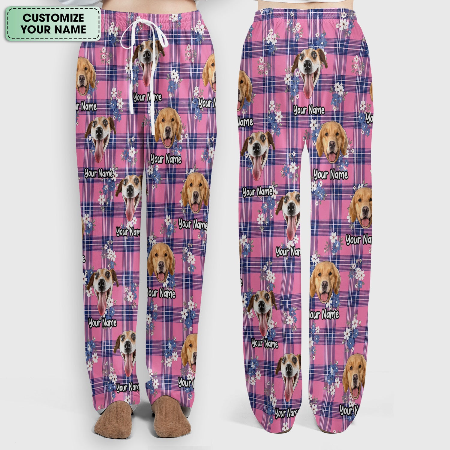 Custom Face Dog With Floral Plaid Pattern Scrub Set, Scrub Pants and V Neck Top