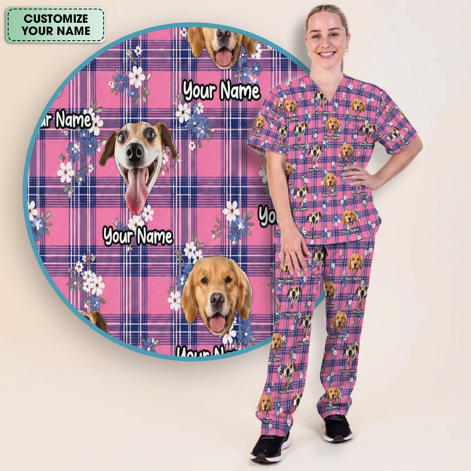 Custom Face Dog With Floral Plaid Pattern Scrub Set, Scrub Pants and V Neck Top