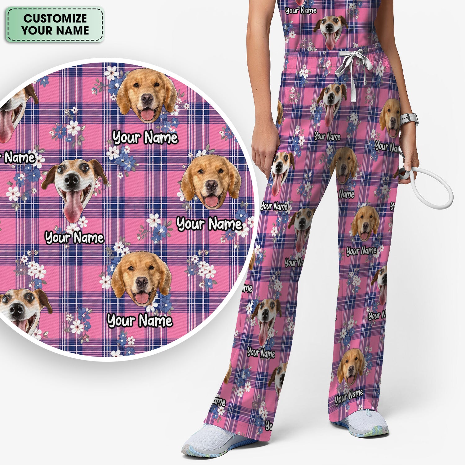 Custom Face Dog With Floral Plaid Pattern Scrub Set, Scrub Pants and V Neck Top