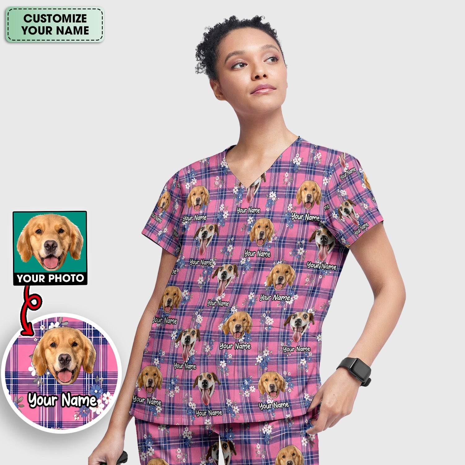 Custom Face Dog With Floral Plaid Pattern Scrub Set, Scrub Pants and V Neck Top