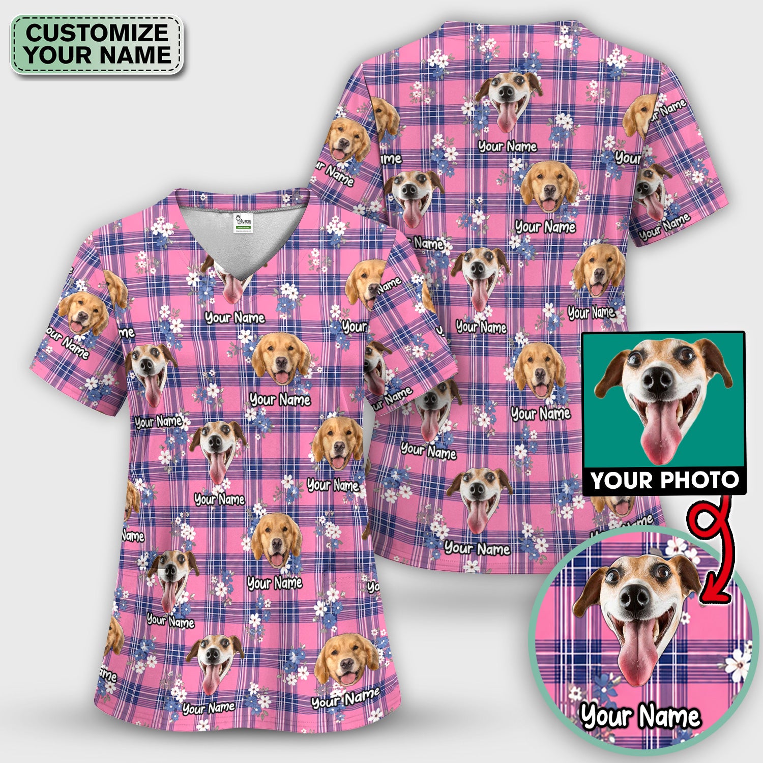 Custom Face Dog With Floral Plaid Pattern Scrub Set, Scrub Pants and V Neck Top