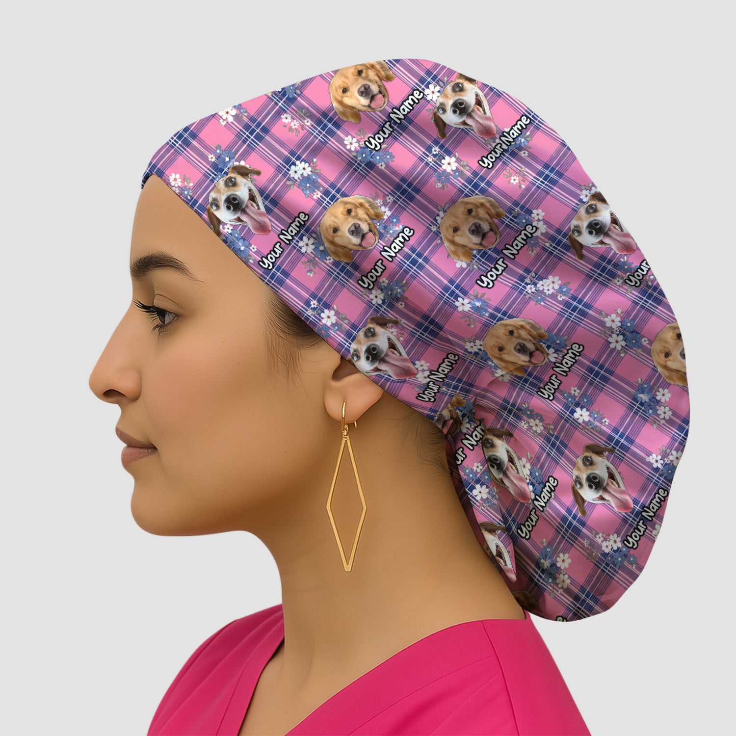 Custom Face Dog With Floral Plaid Pattern Scrub Cap, Surgical Caps for Doctors