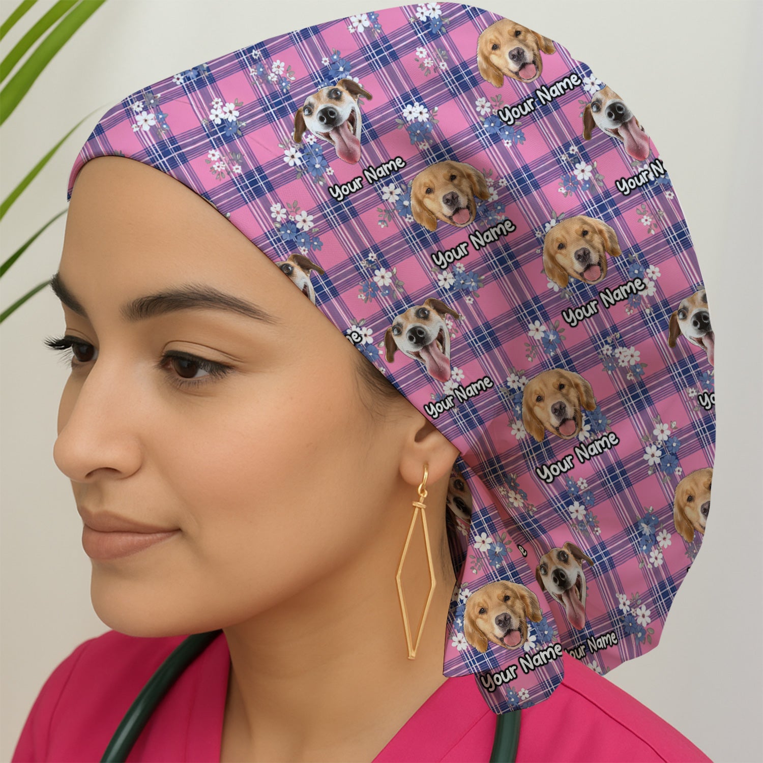 Custom Face Dog With Floral Plaid Pattern Scrub Cap, Surgical Caps for Doctors