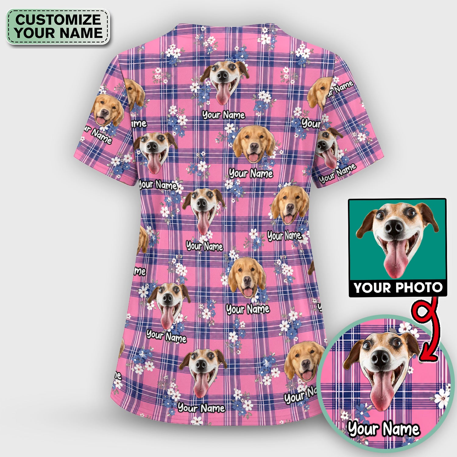 Custom Face Dog With Floral Plaid Pattern Scrub Set, Scrub Pants and V Neck Top