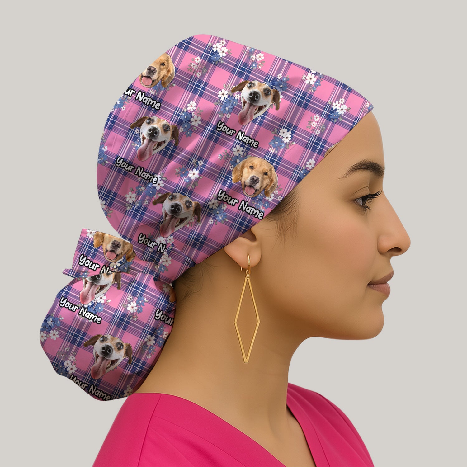 Custom Face Dog With Floral Plaid Pattern Scrub Cap, Surgical Caps for Doctors