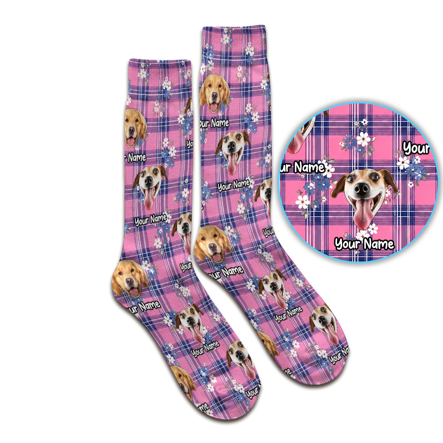 Custom Face Dog With Floral Plaid Pattern Socks, Adult Socks for Men and Women