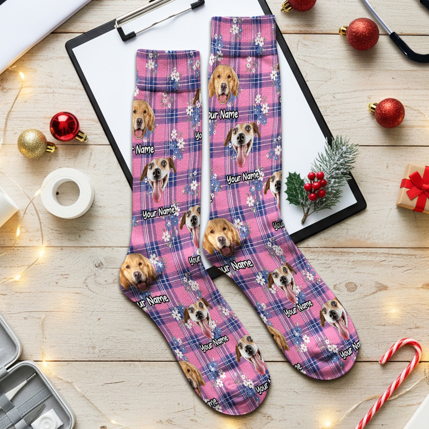 Custom Face Dog With Floral Plaid Pattern Socks, Adult Socks for Men and Women