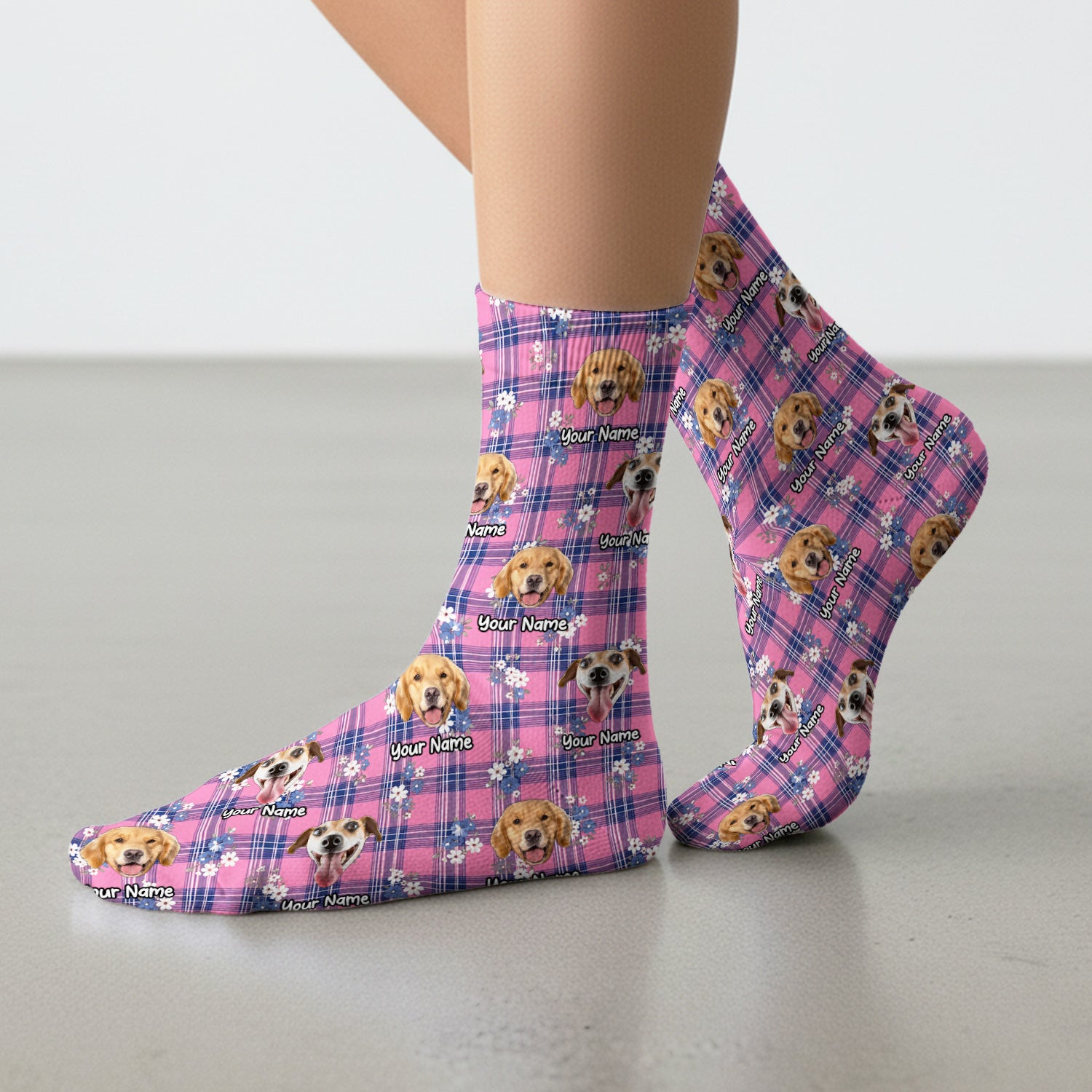 Custom Face Dog With Floral Plaid Pattern Socks, Adult Socks for Men and Women