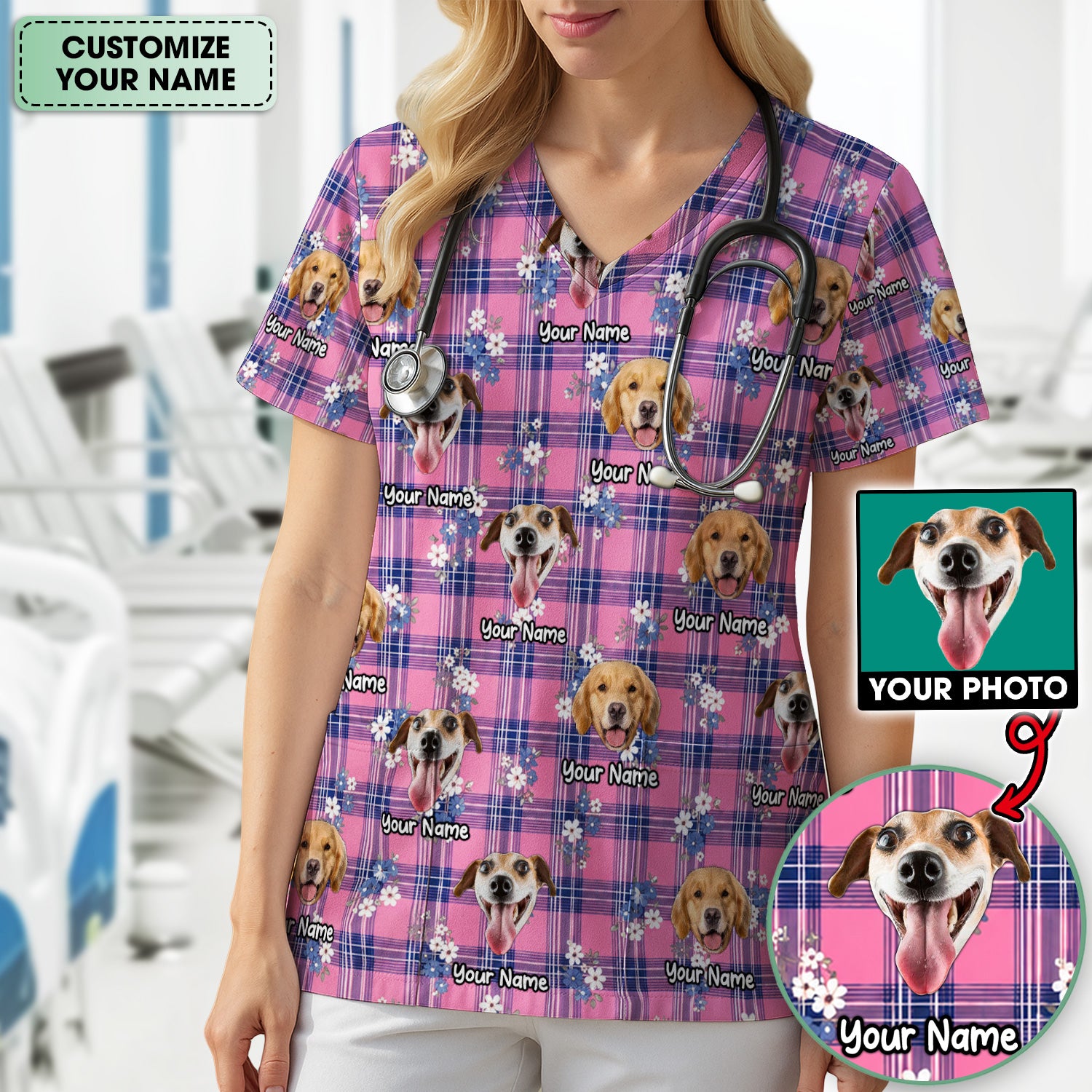 Custom Face Dog With Floral Plaid Pattern Scrub Top, Comfortable Scrubs for Nurses
