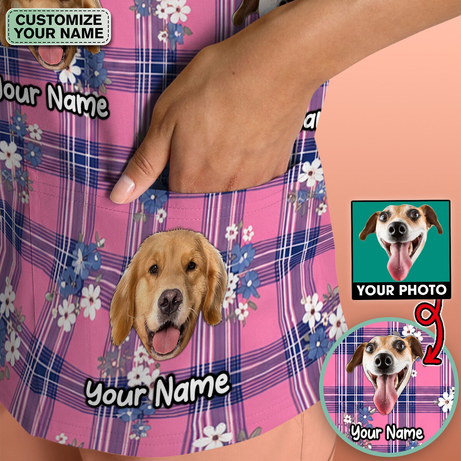 Custom Face Dog With Floral Plaid Pattern Scrub Top, Comfortable Scrubs for Nurses