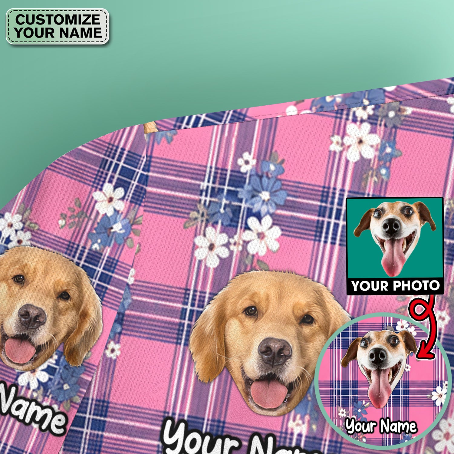 Custom Face Dog With Floral Plaid Pattern Scrub Top, Comfortable Scrubs for Nurses