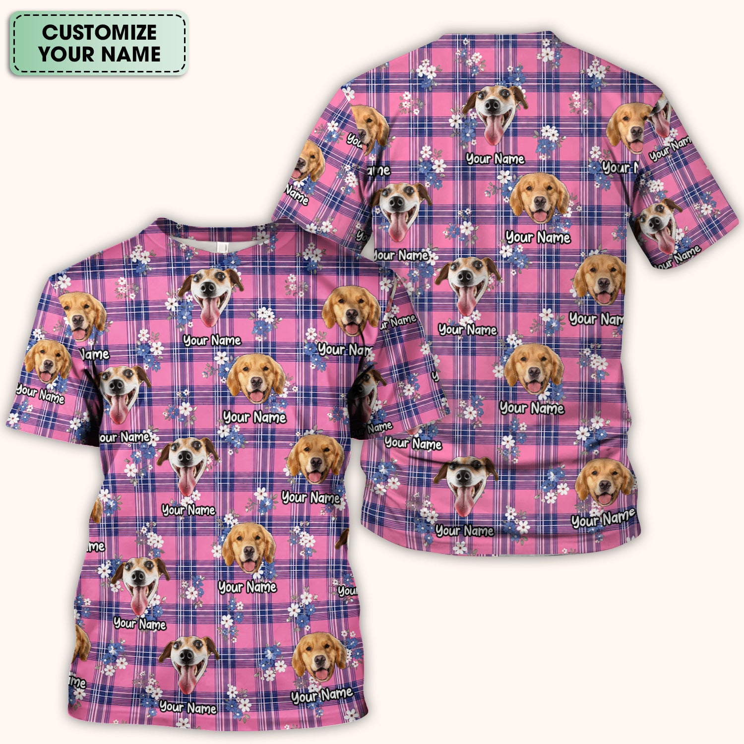 Custom Face Dog With Floral Plaid Pattern Scrub Top, Comfortable Scrubs for Nurses