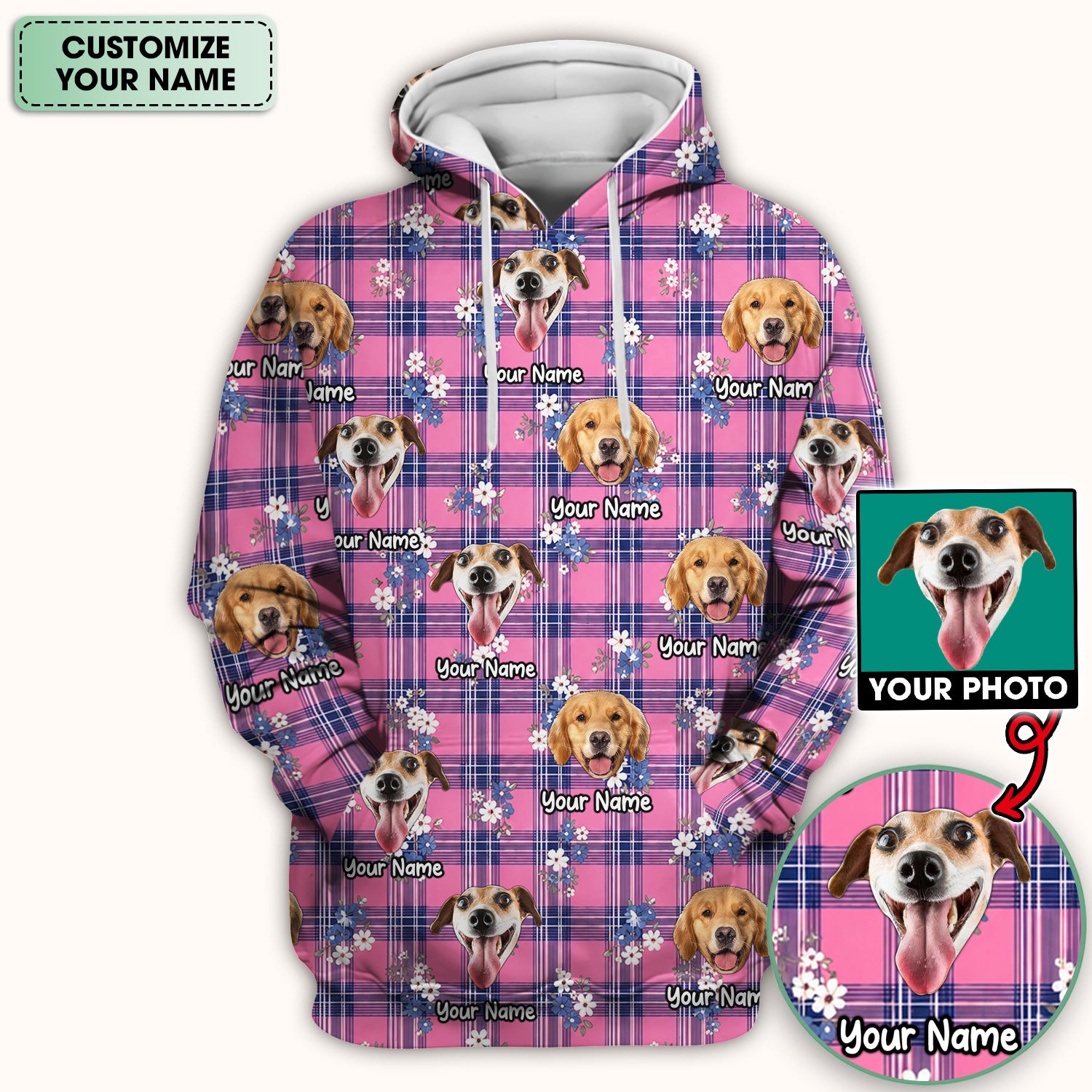 Custom Face Dog With Floral Plaid Pattern Scrub Top, Comfortable Scrubs for Nurses