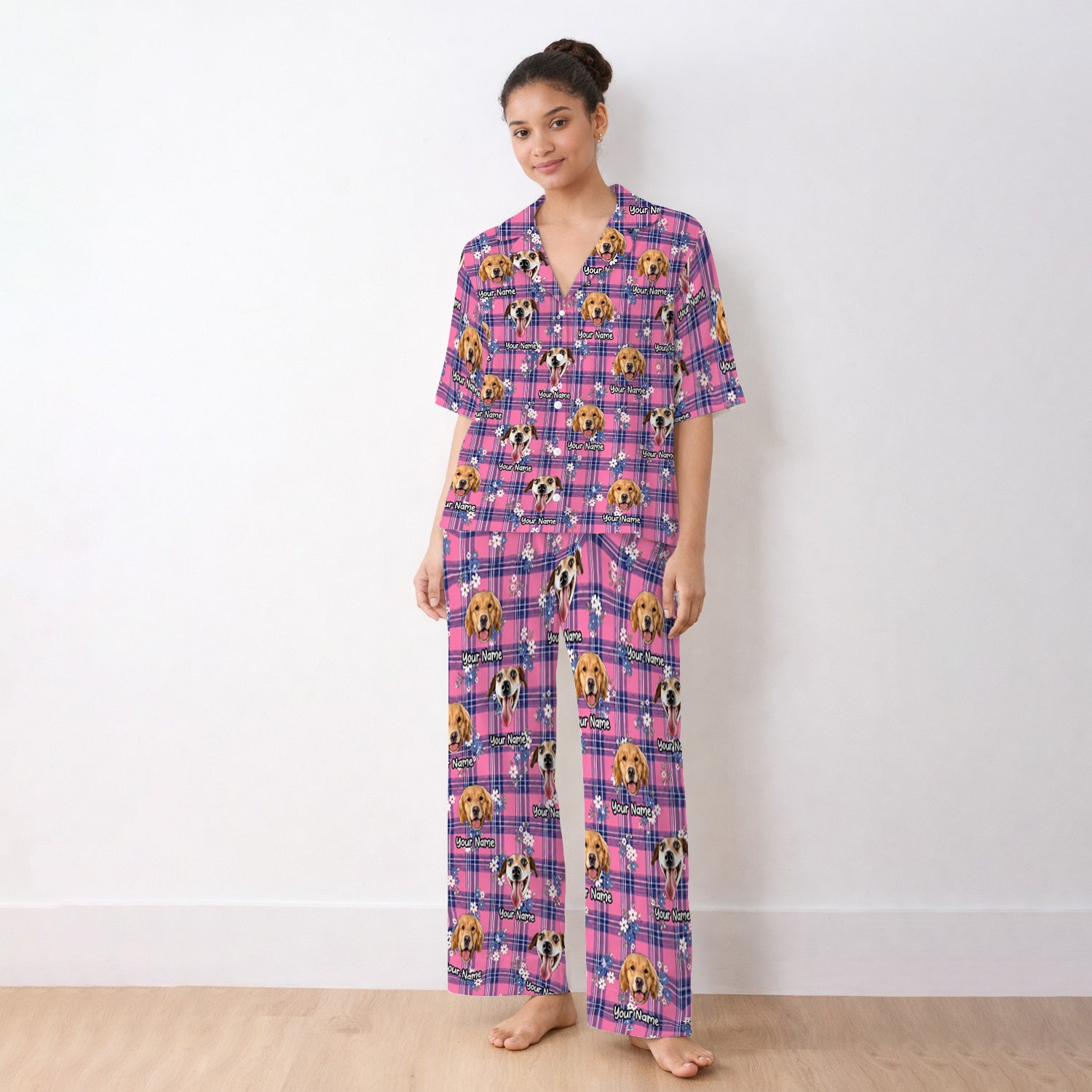 Custom Face Dog With Floral Plaid Pattern Pajama Set, Soft Breathable Fabric Comfortable Sleepwear