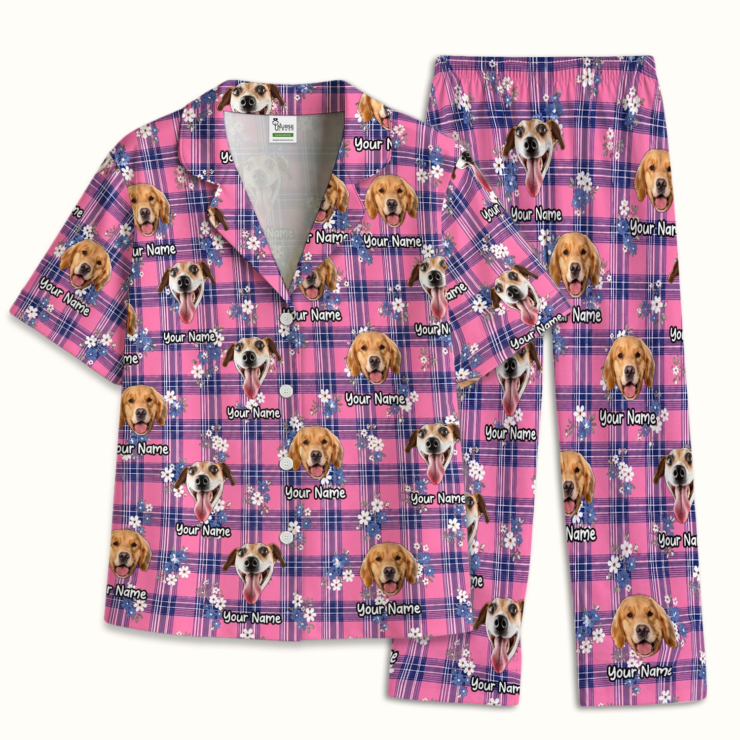 Custom Face Dog With Floral Plaid Pattern Pajama Set, Soft Breathable Fabric Comfortable Sleepwear