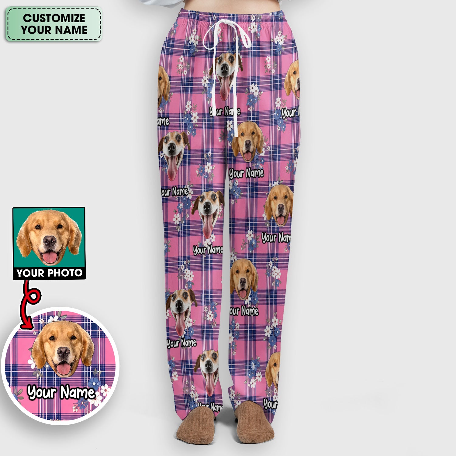 Custom Face Dog With Floral Plaid Pattern Scrub Set, Scrub Pants and V Neck Top
