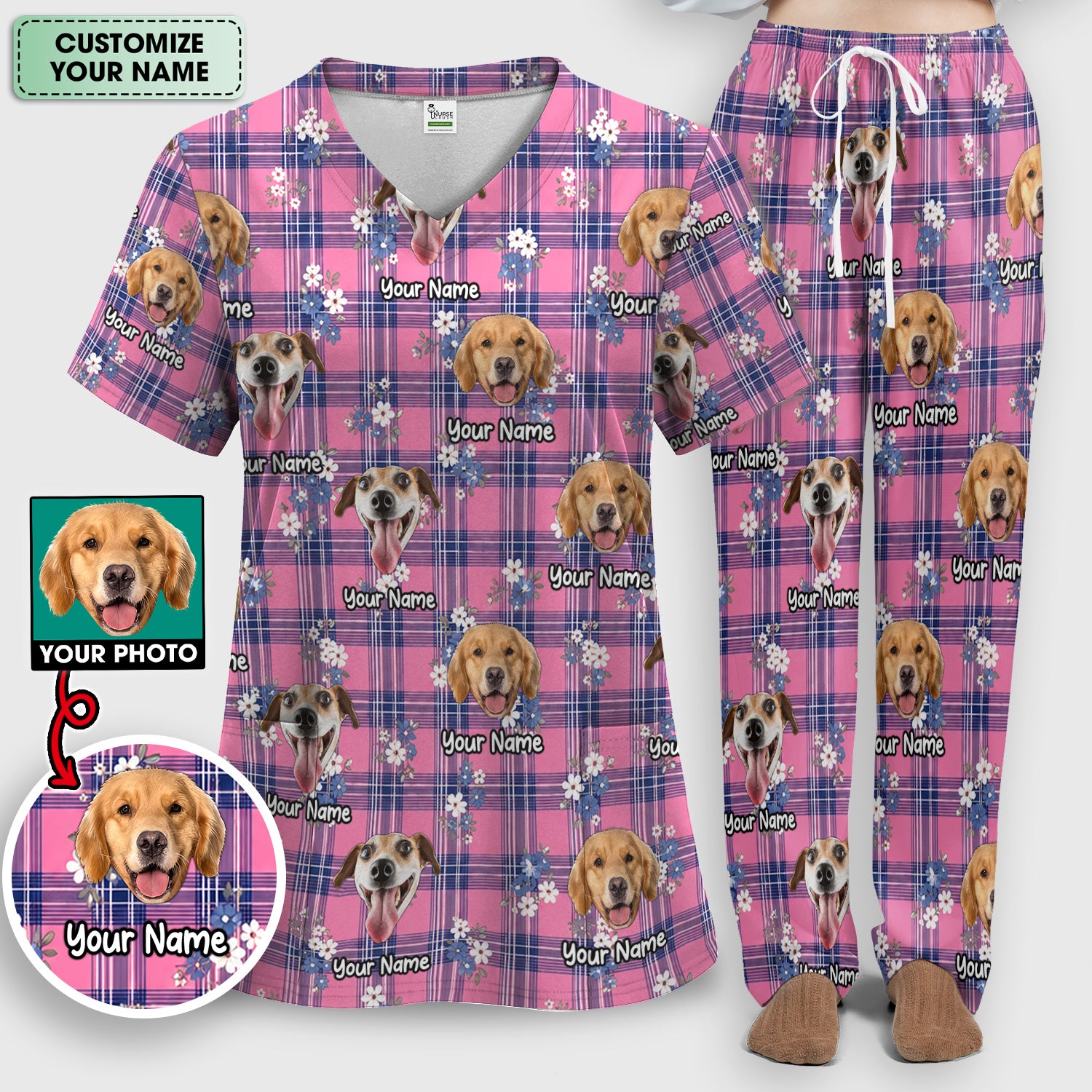 Custom Face Dog With Floral Plaid Pattern Scrub Set, Scrub Pants and V Neck Top