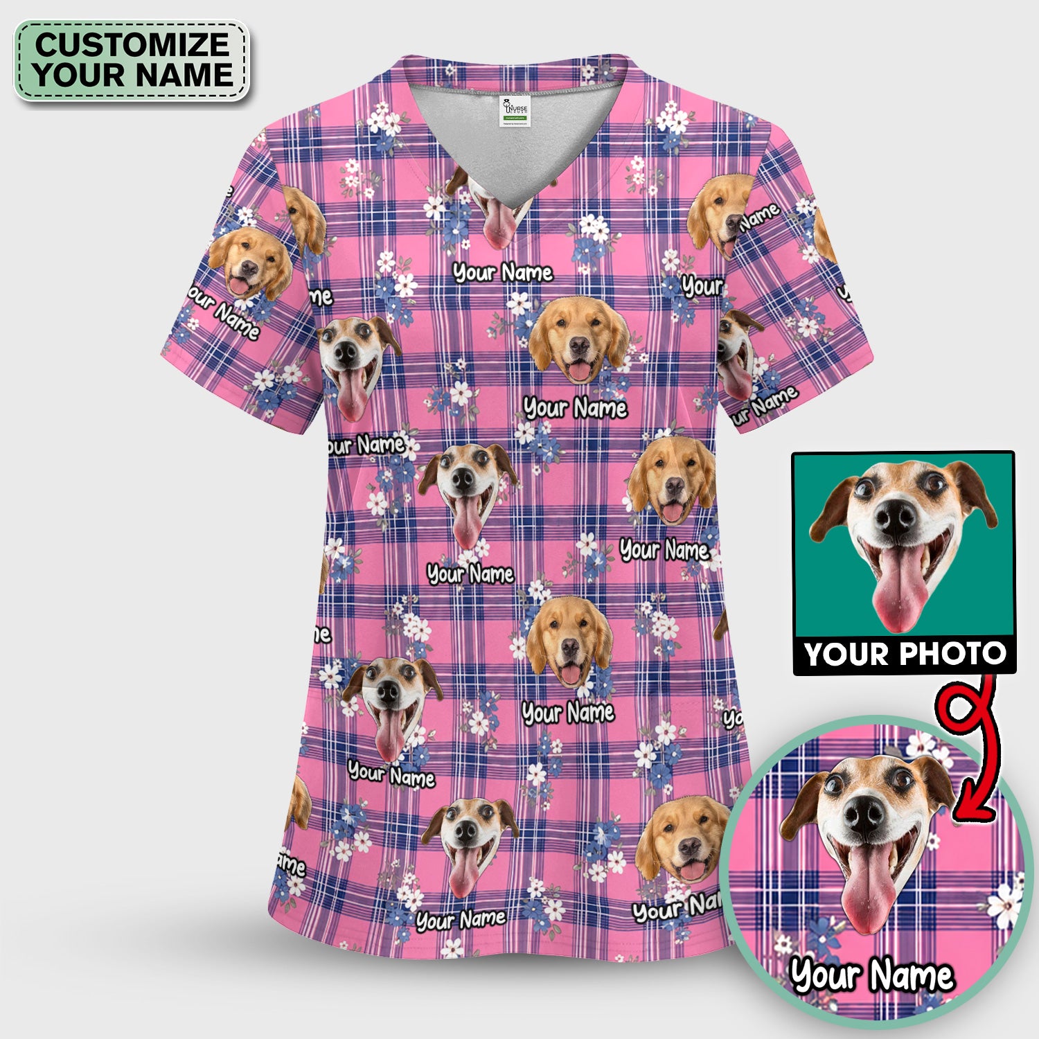 Custom Face Dog With Floral Plaid Pattern Scrub Set, Scrub Pants and V Neck Top