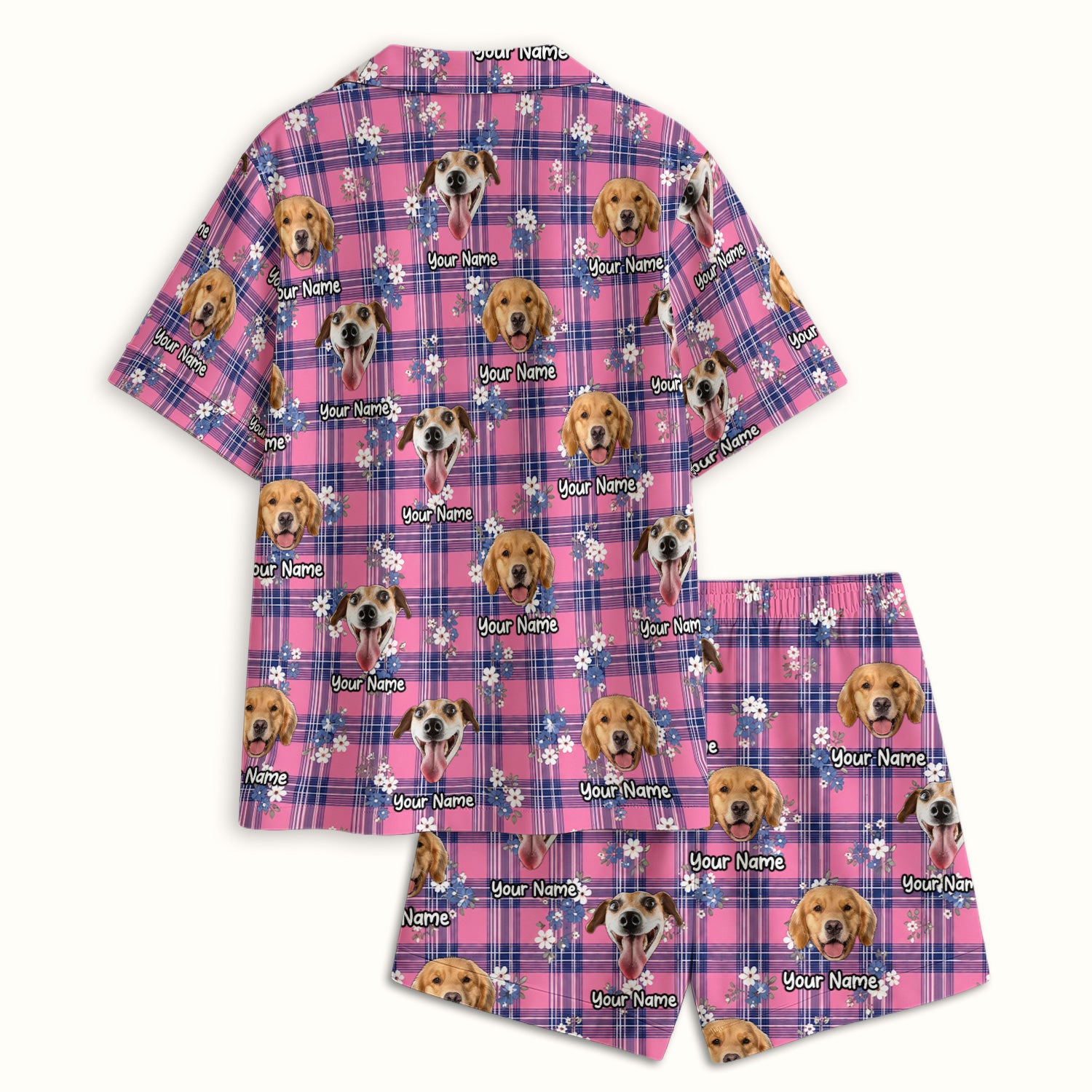 Custom Face Dog With Floral Plaid Pattern Pajama Set, Soft Breathable Fabric Comfortable Sleepwear