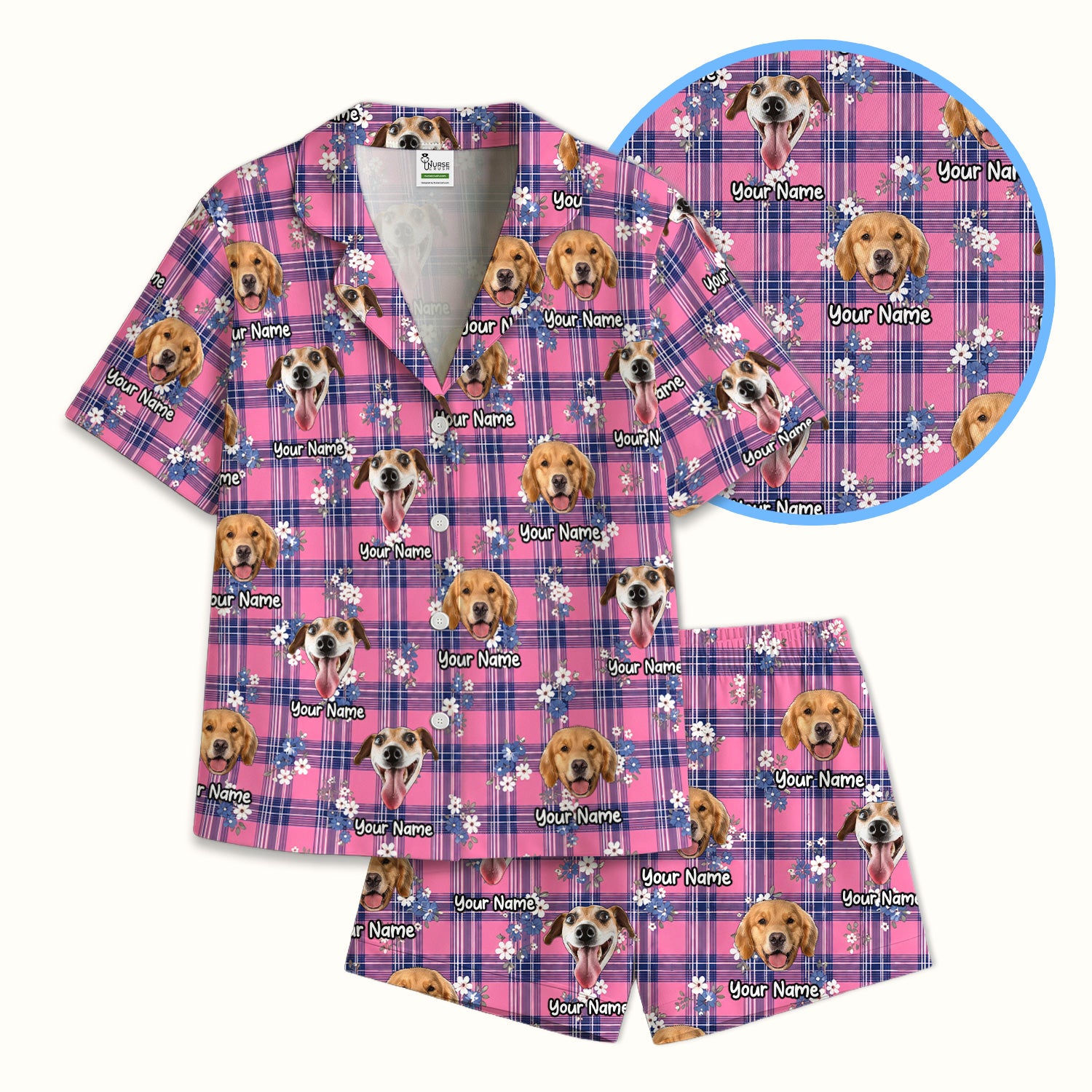Custom Face Dog With Floral Plaid Pattern Pajama Set, Soft Breathable Fabric Comfortable Sleepwear