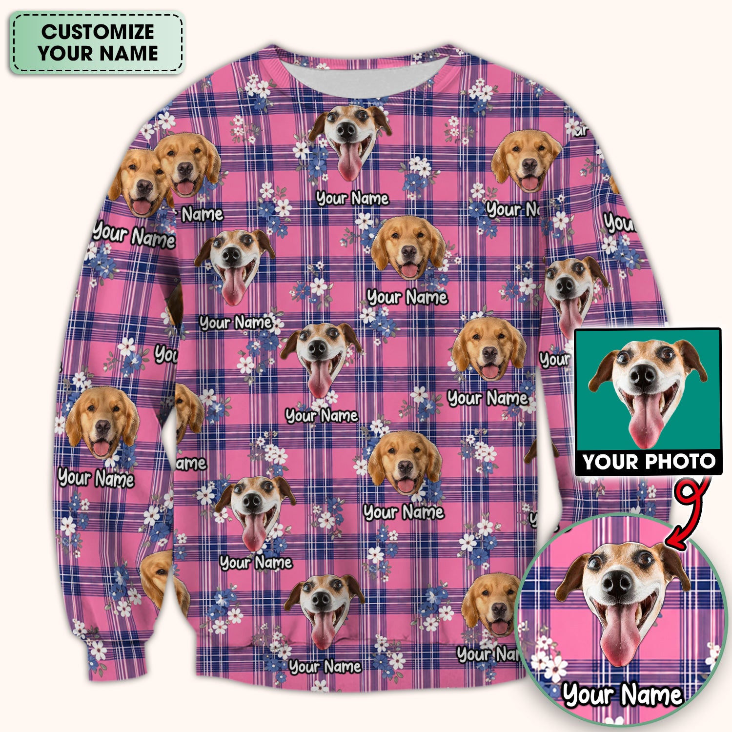 Custom Face Dog With Floral Plaid Pattern Scrub Top, Comfortable Scrubs for Nurses