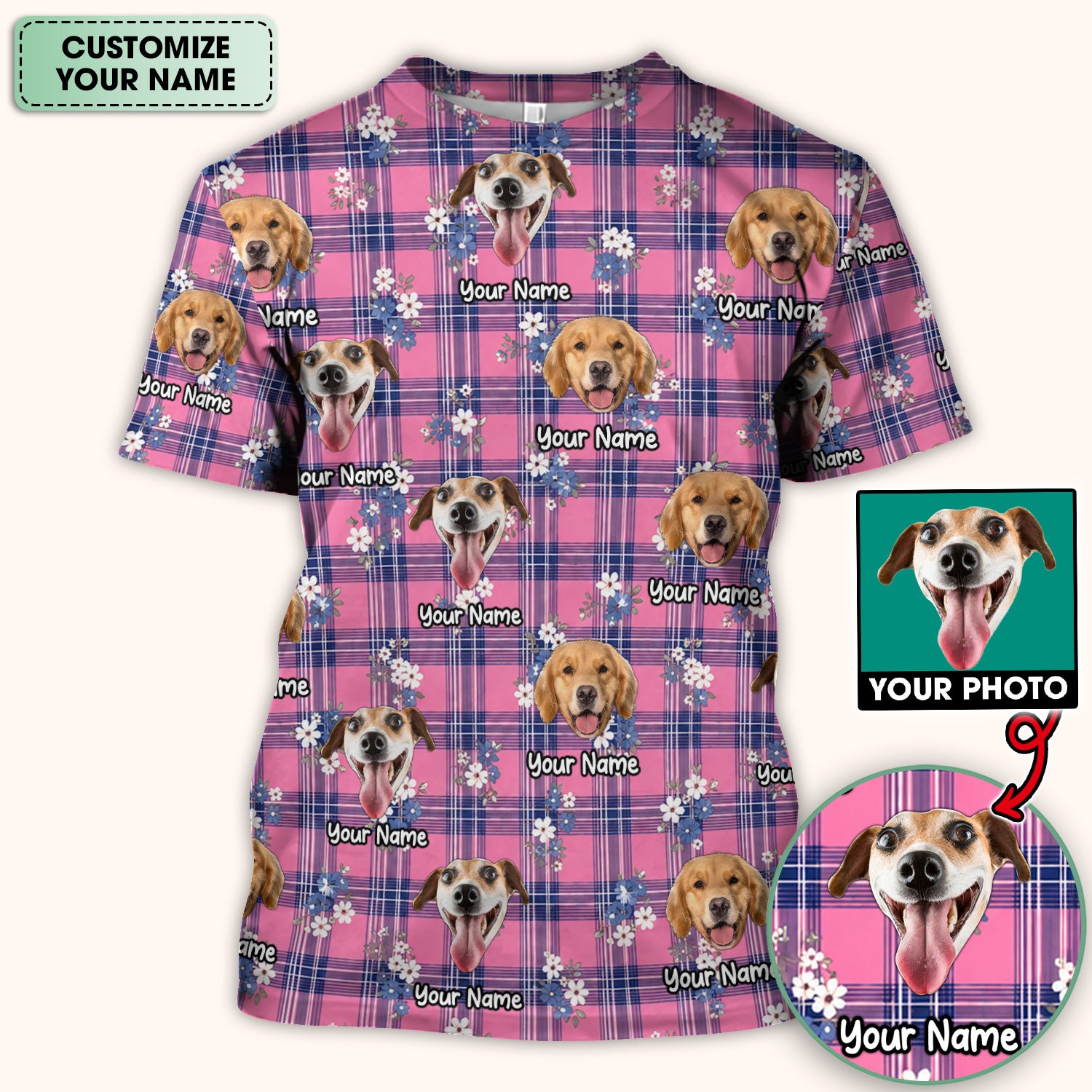 Custom Face Dog With Floral Plaid Pattern Scrub Top, Comfortable Scrubs for Nurses