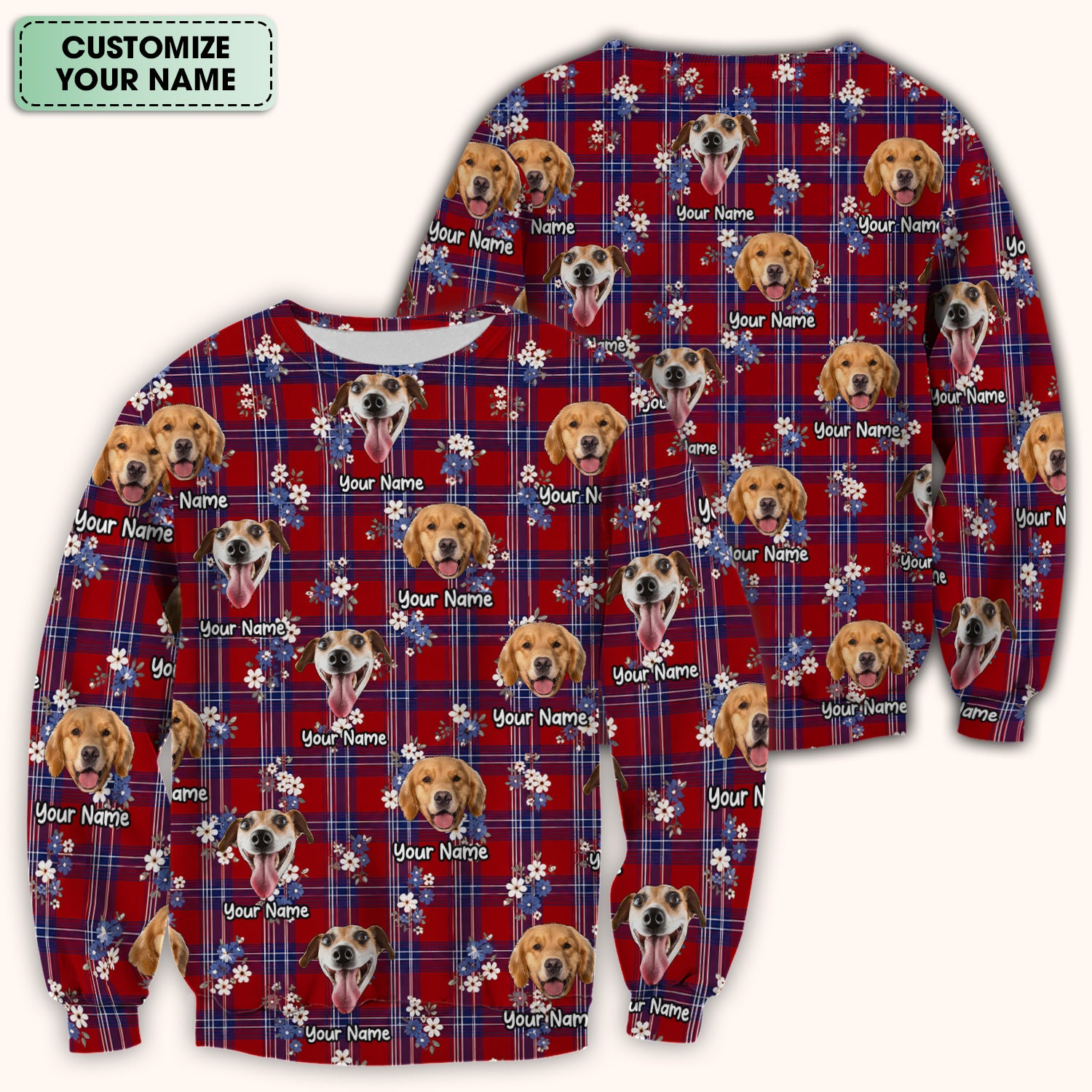 Custom Face Dog With Floral Plaid Pattern Scrub Top, Comfortable Scrubs for Nurses