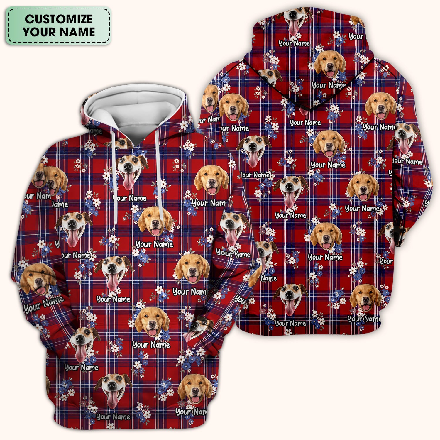 Custom Face Dog With Floral Plaid Pattern Scrub Top, Comfortable Scrubs for Nurses