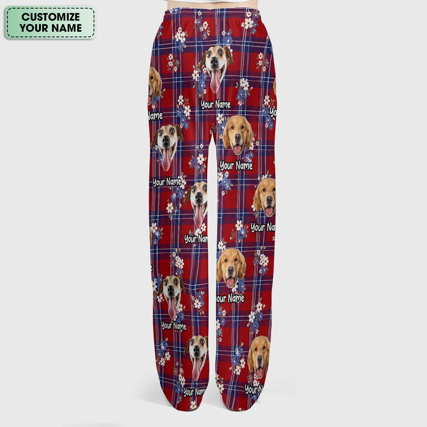 Custom Face Dog With Floral Plaid Pattern Scrub Set, Scrub Pants and V Neck Top