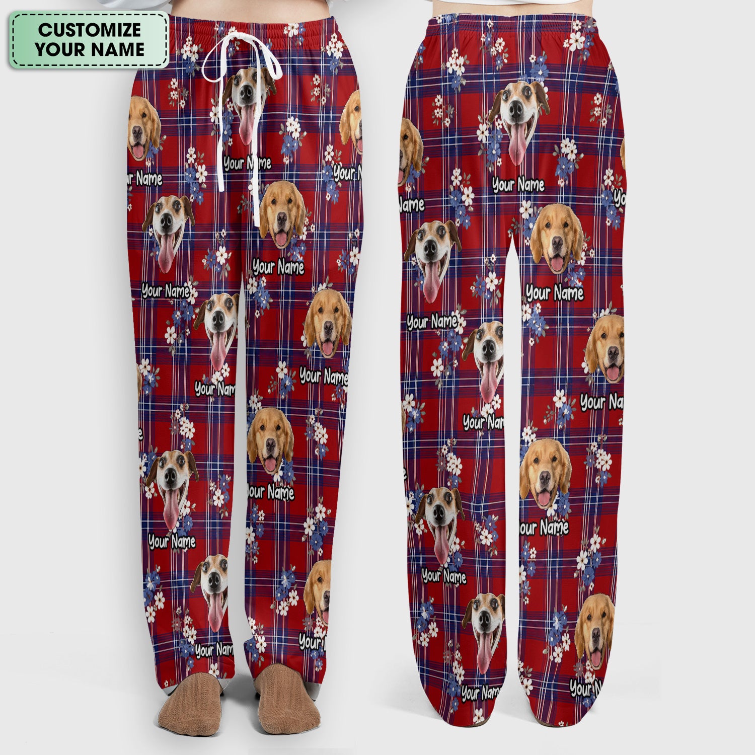 Custom Face Dog With Floral Plaid Pattern Scrub Set, Scrub Pants and V Neck Top