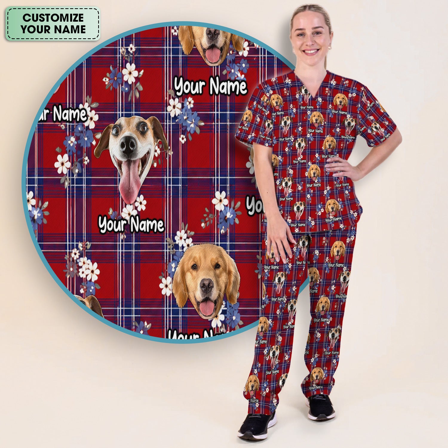 Custom Face Dog With Floral Plaid Pattern Scrub Set, Scrub Pants and V Neck Top