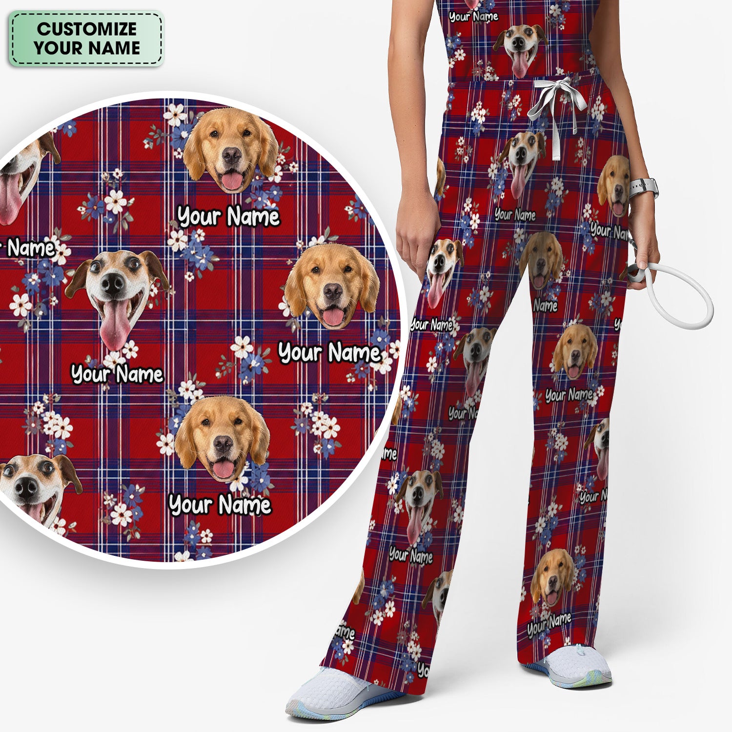 Custom Face Dog With Floral Plaid Pattern Scrub Set, Scrub Pants and V Neck Top