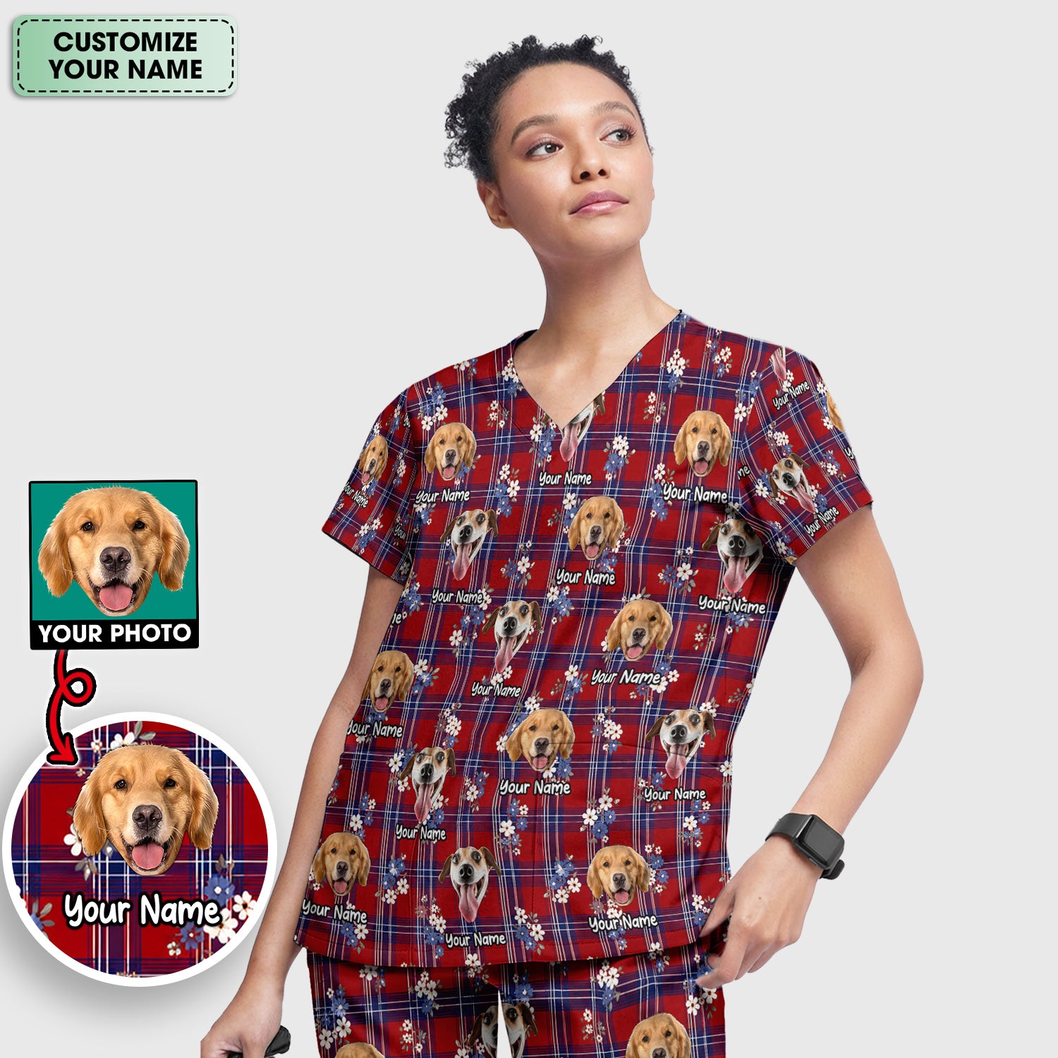 Custom Face Dog With Floral Plaid Pattern Scrub Set, Scrub Pants and V Neck Top