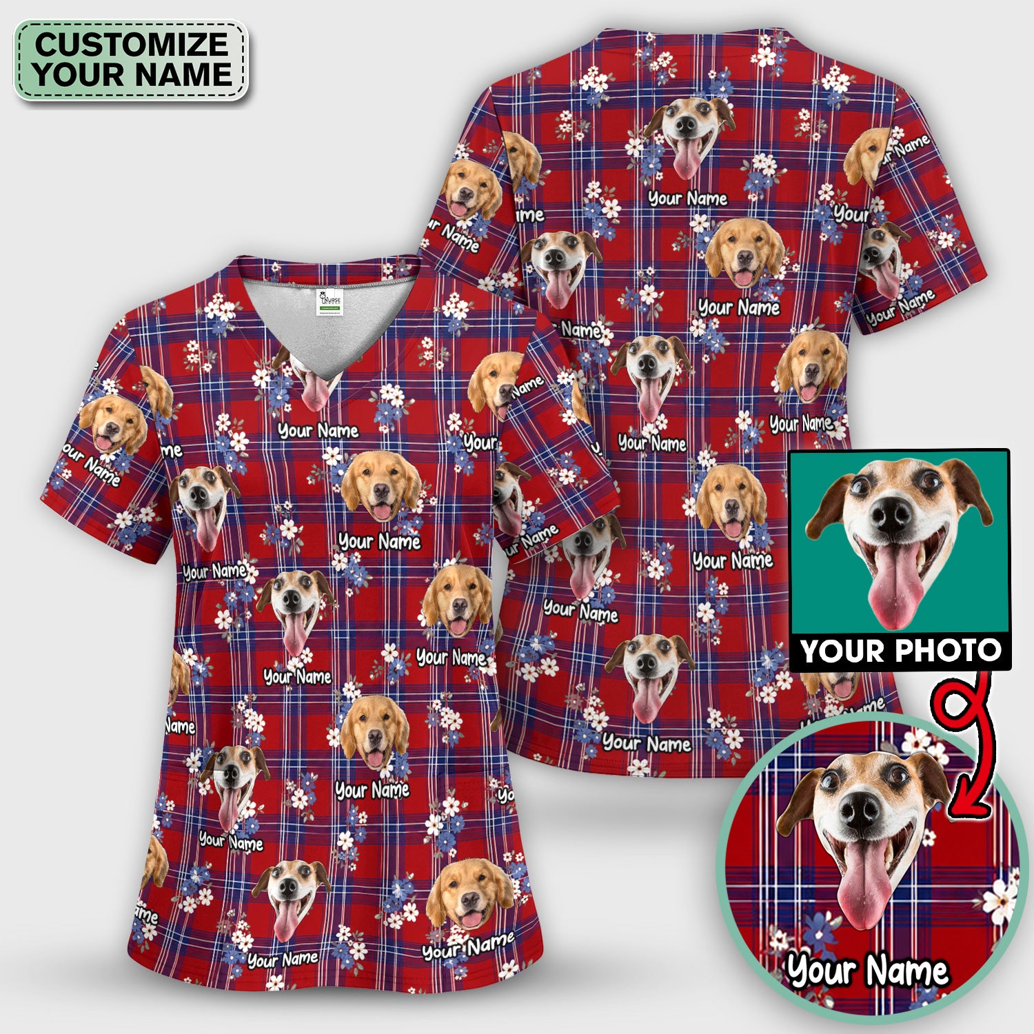 Custom Face Dog With Floral Plaid Pattern Scrub Set, Scrub Pants and V Neck Top