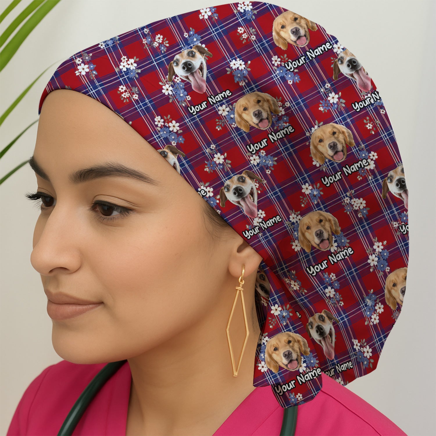 Custom Face Dog With Floral Plaid Pattern Scrub Cap, Surgical Caps for Doctors