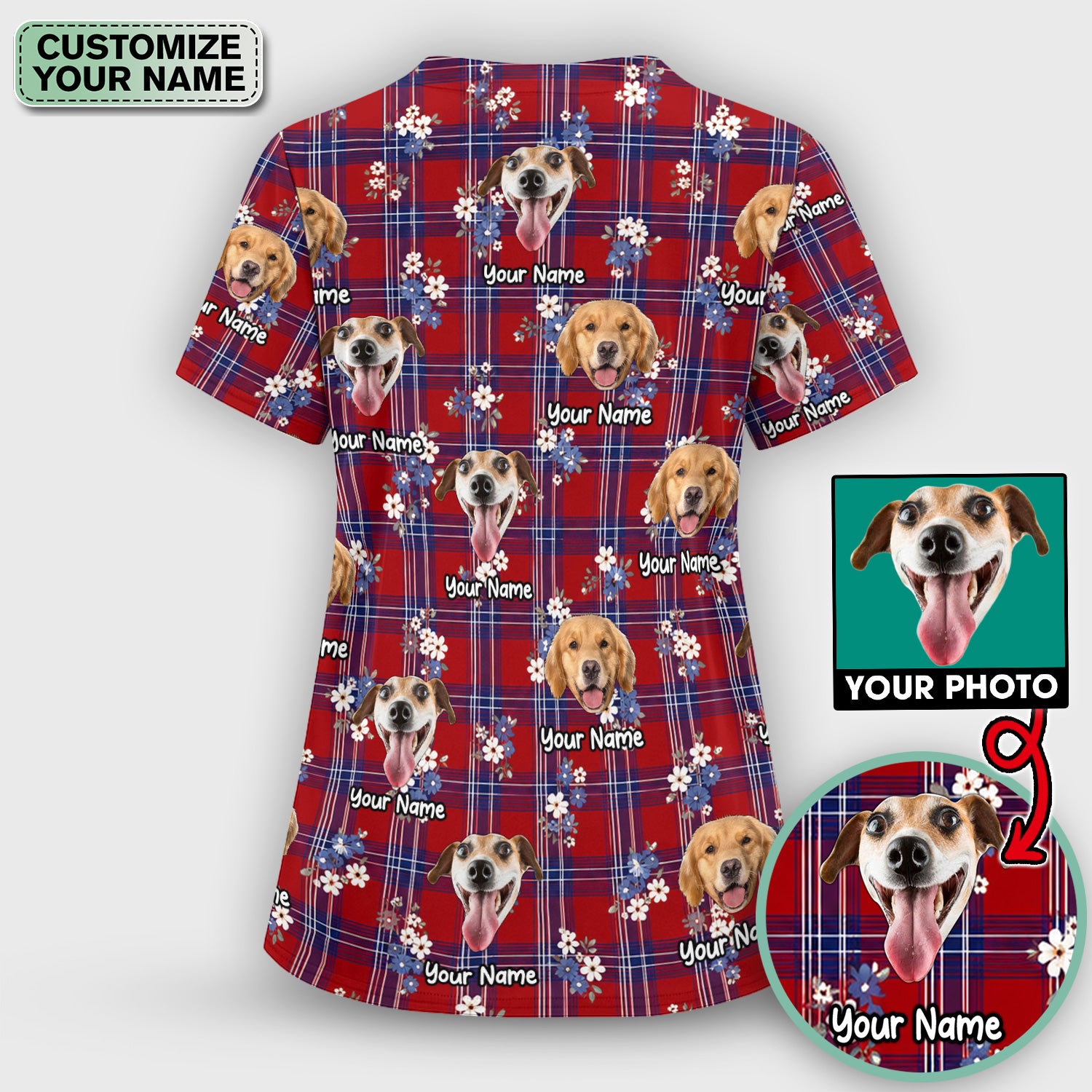 Custom Face Dog With Floral Plaid Pattern Scrub Set, Scrub Pants and V Neck Top