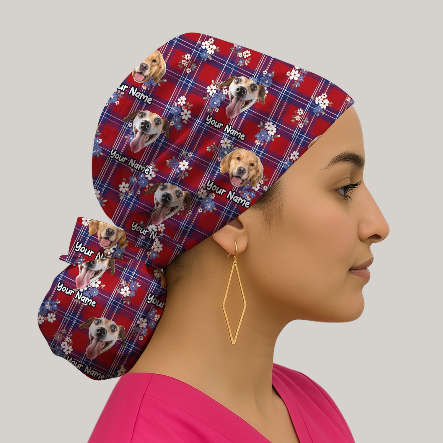 Custom Face Dog With Floral Plaid Pattern Scrub Cap, Surgical Caps for Doctors