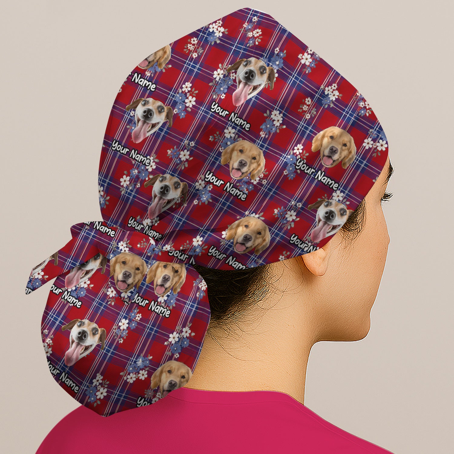 Custom Face Dog With Floral Plaid Pattern Scrub Cap, Surgical Caps for Doctors