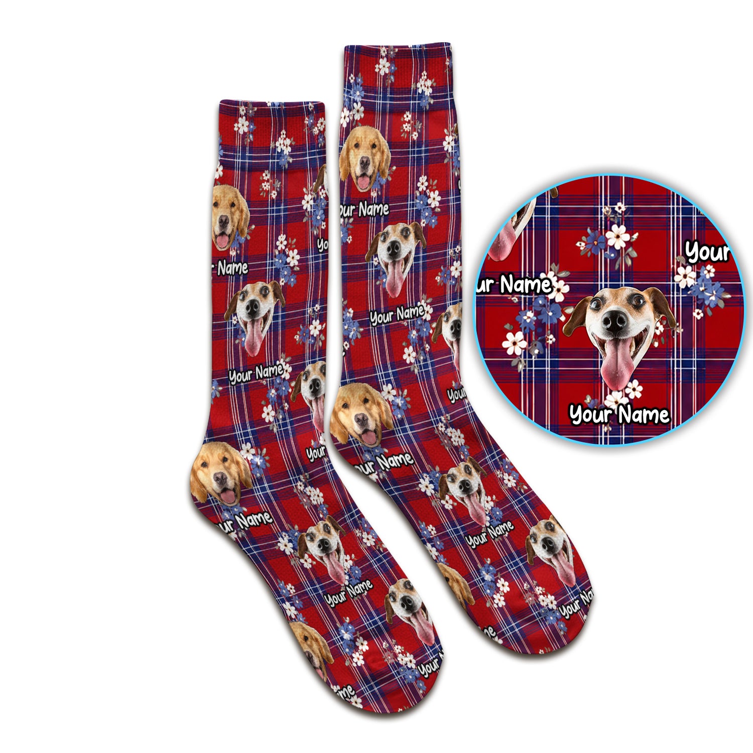 Custom Face Dog With Floral Plaid Pattern Socks, Adult Socks for Men and Women