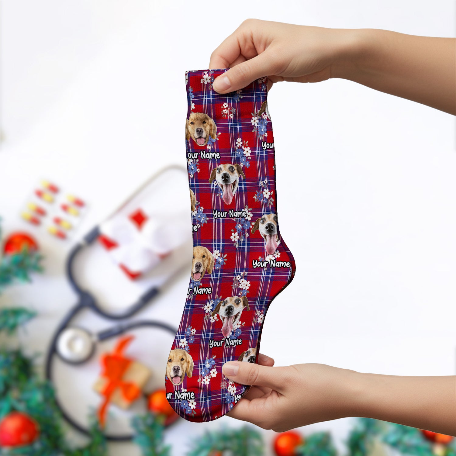 Custom Face Dog With Floral Plaid Pattern Socks, Adult Socks for Men and Women