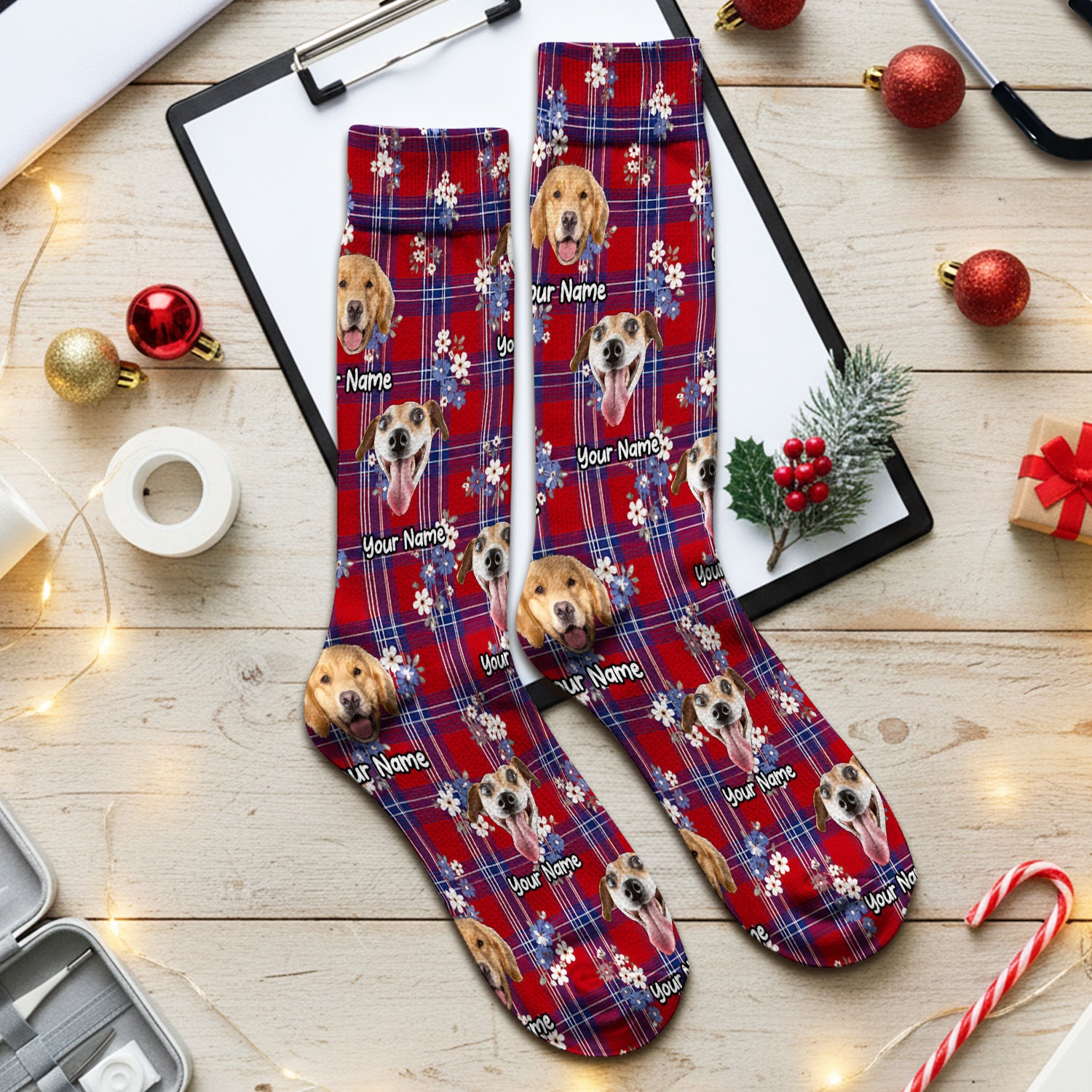 Custom Face Dog With Floral Plaid Pattern Socks, Adult Socks for Men and Women