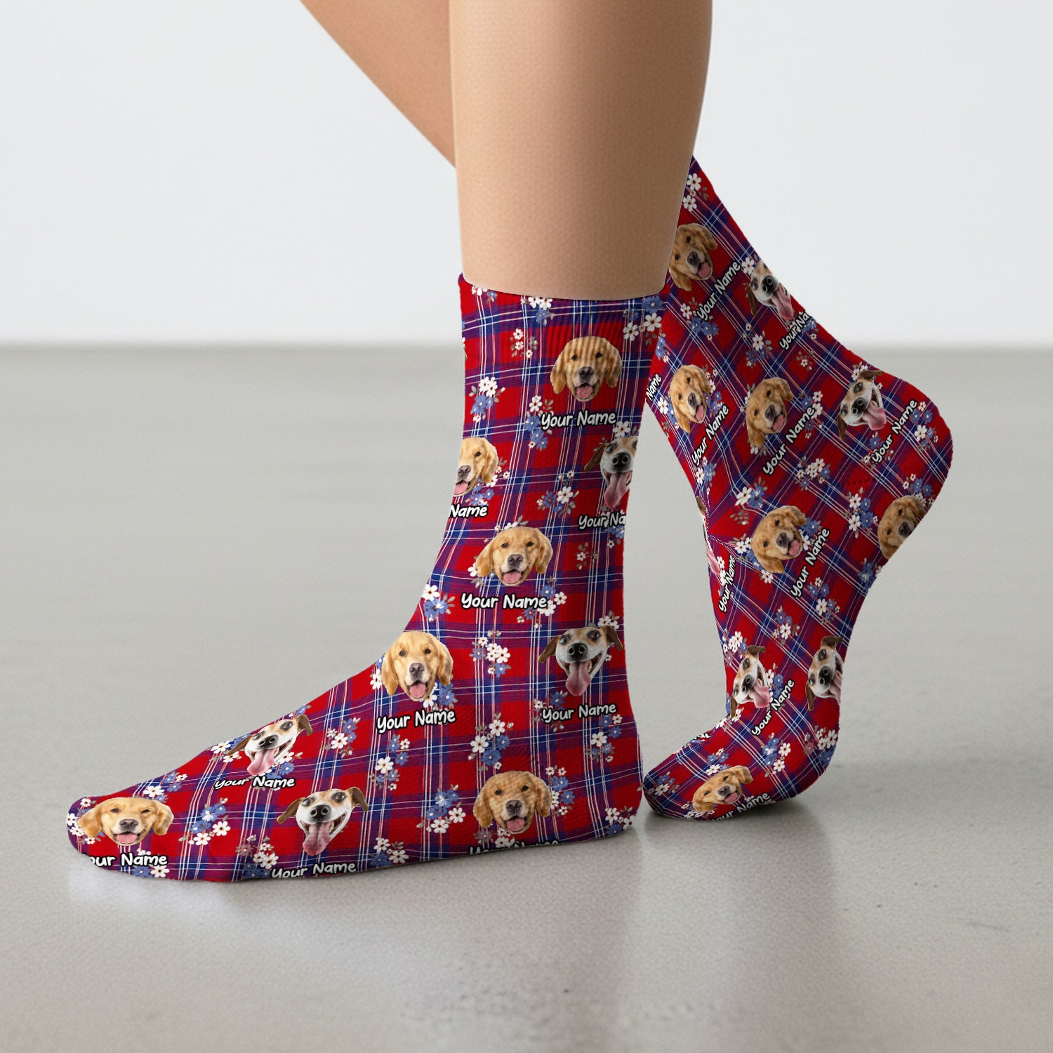 Custom Face Dog With Floral Plaid Pattern Socks, Adult Socks for Men and Women