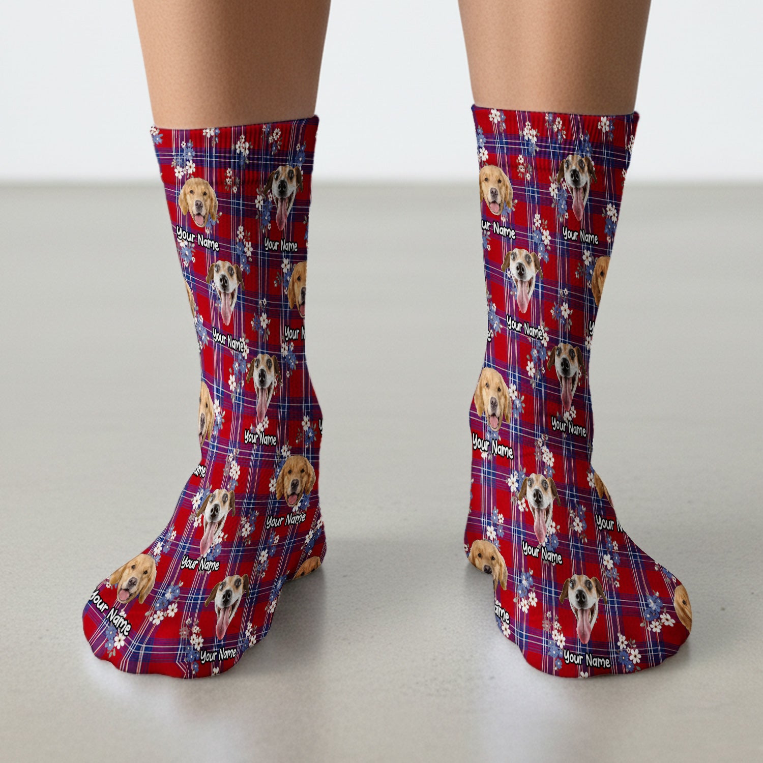Custom Face Dog With Floral Plaid Pattern Socks, Adult Socks for Men and Women