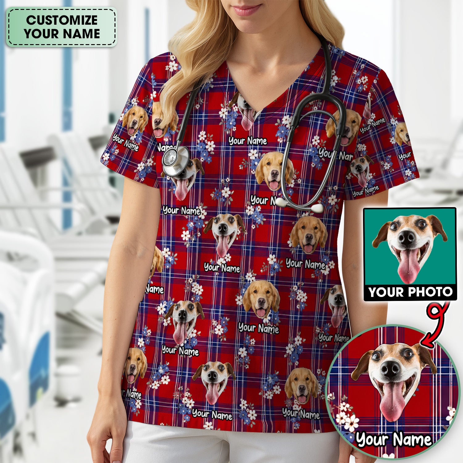 Custom Face Dog With Floral Plaid Pattern Scrub Top, Comfortable Scrubs for Nurses