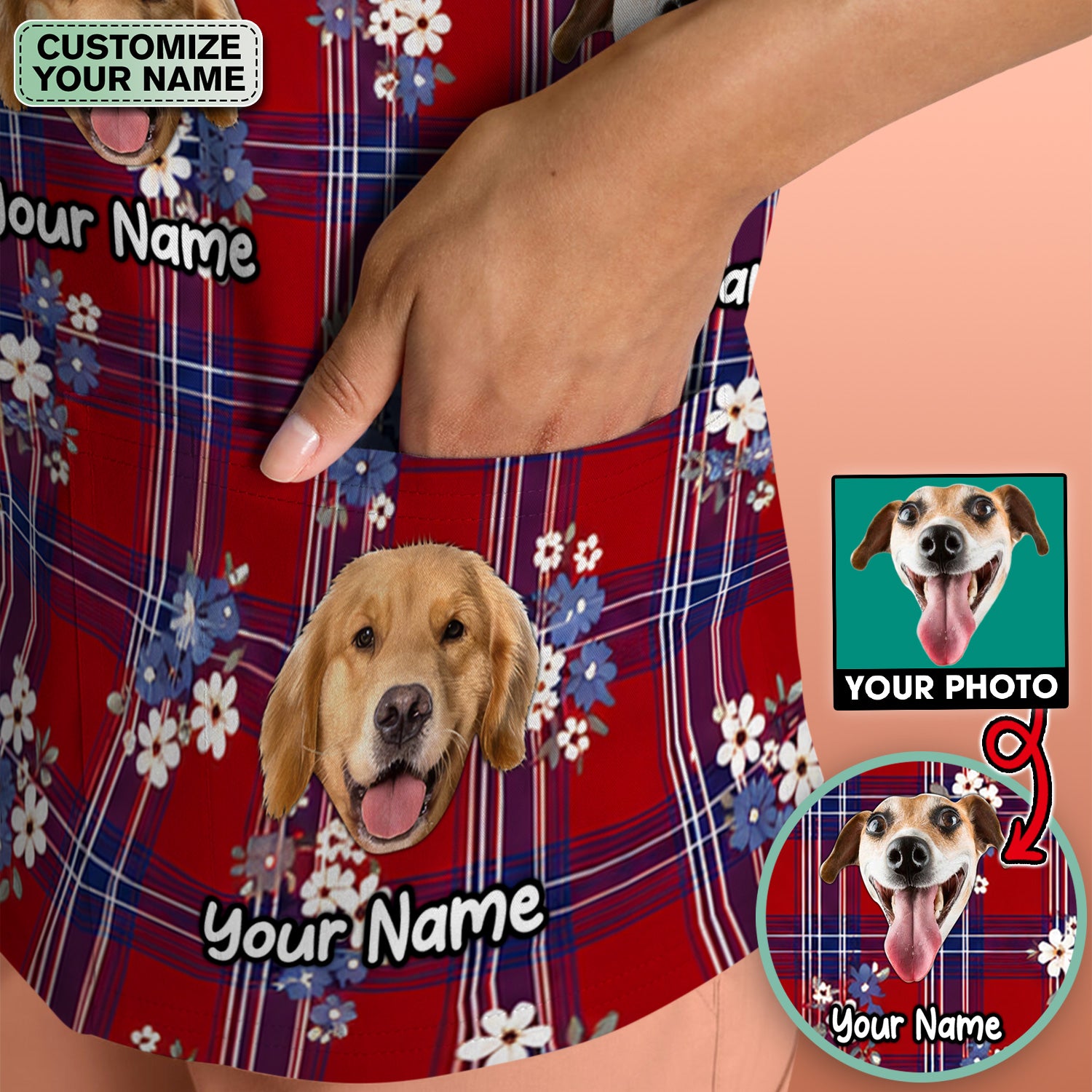 Custom Face Dog With Floral Plaid Pattern Scrub Top, Comfortable Scrubs for Nurses