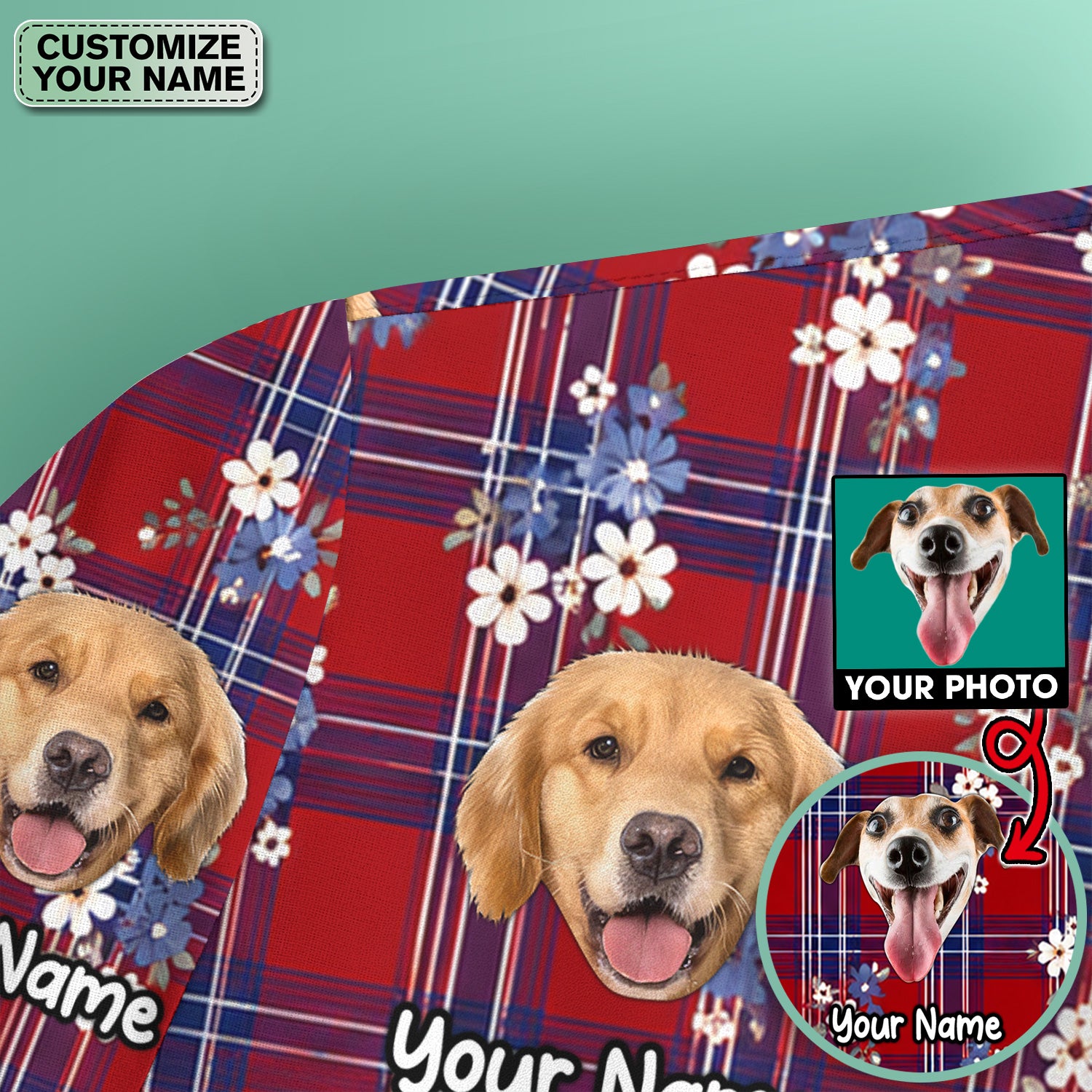 Custom Face Dog With Floral Plaid Pattern Scrub Top, Comfortable Scrubs for Nurses