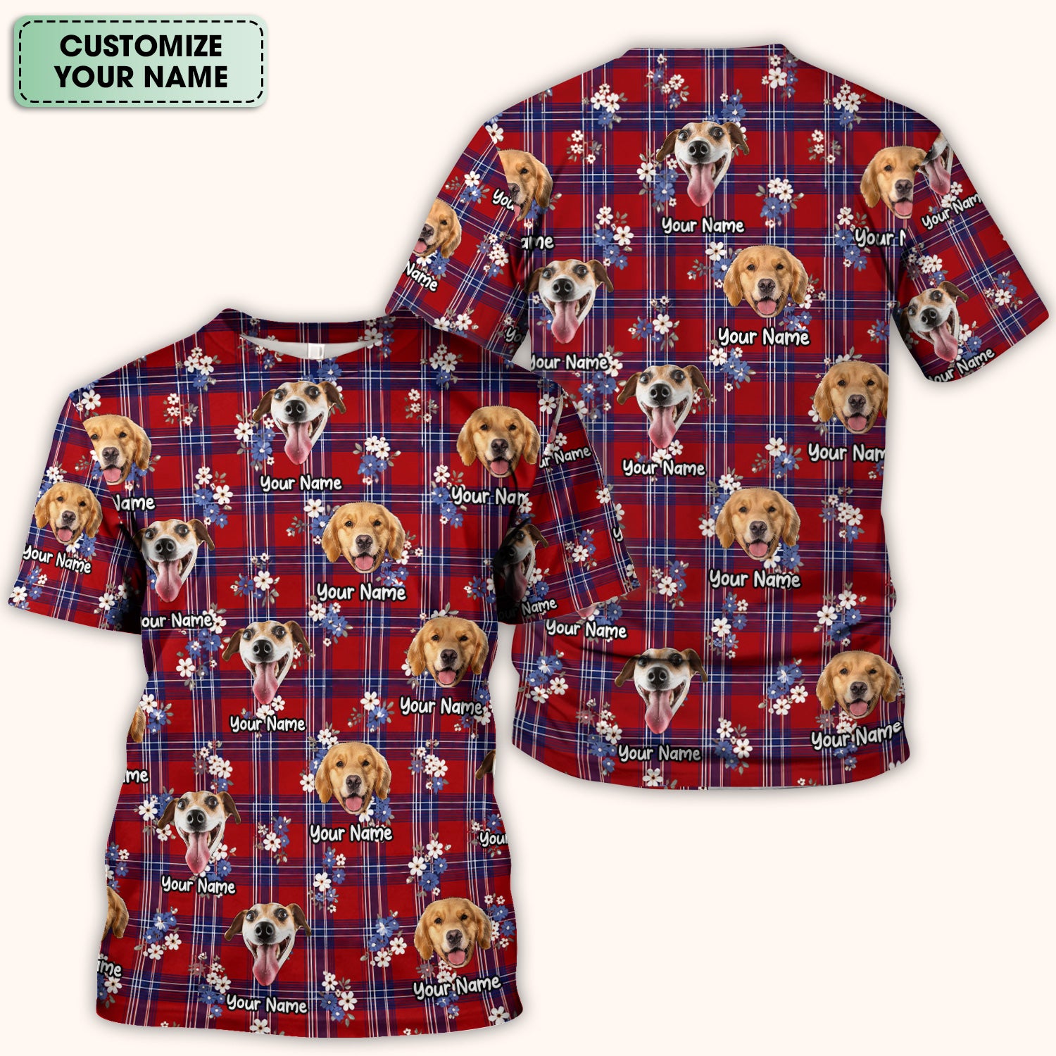 Custom Face Dog With Floral Plaid Pattern Scrub Top, Comfortable Scrubs for Nurses