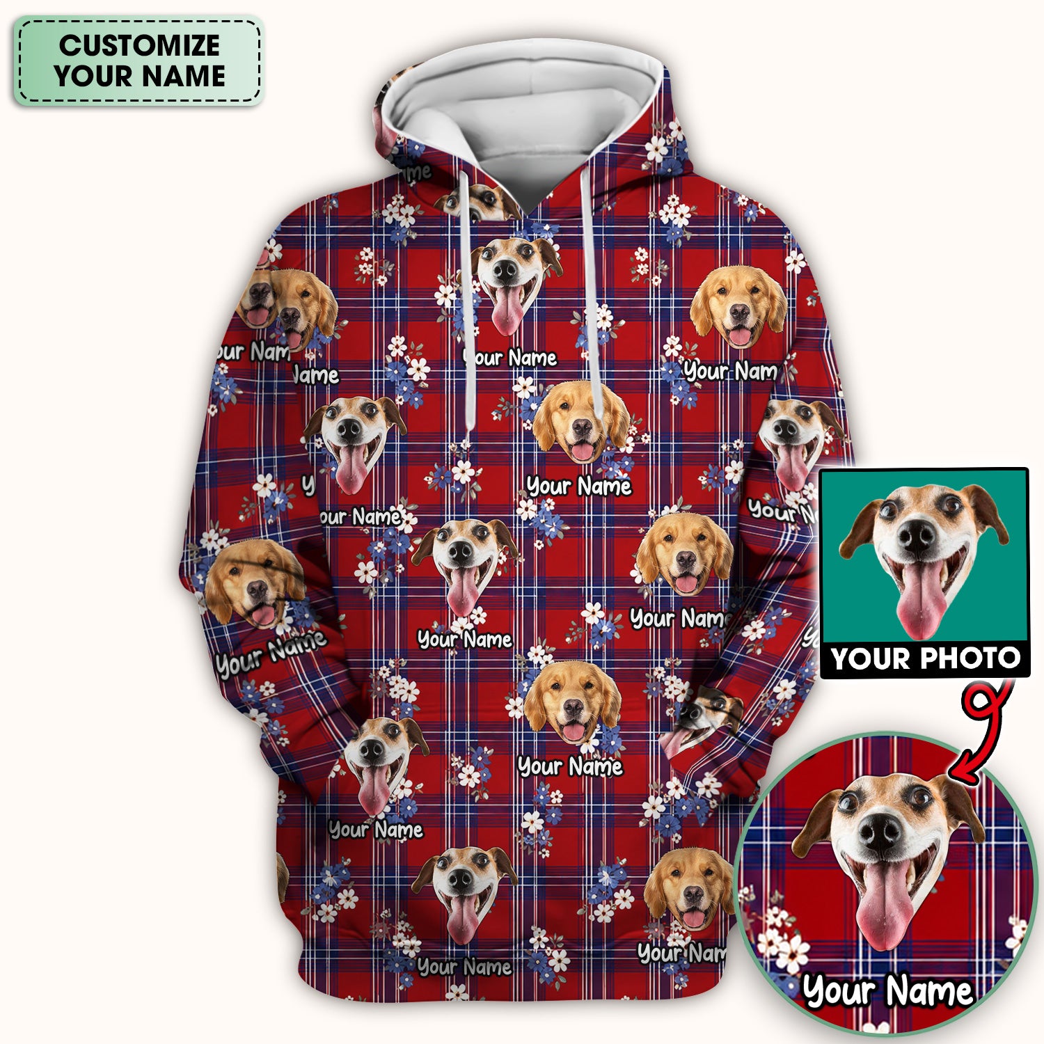 Custom Face Dog With Floral Plaid Pattern Scrub Top, Comfortable Scrubs for Nurses