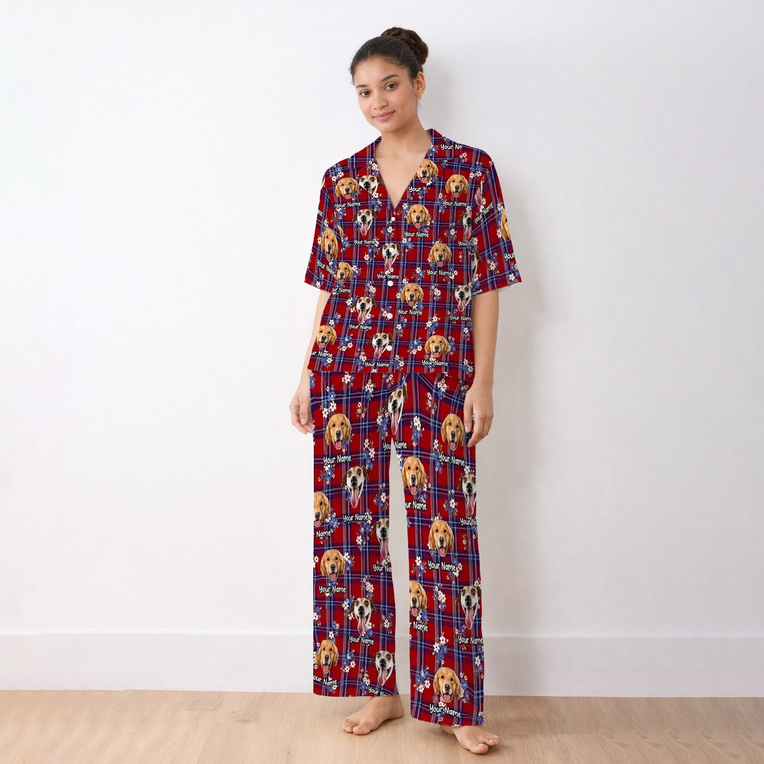 Custom Face Dog With Floral Plaid Pattern Pajama Set, Soft Breathable Fabric Comfortable Sleepwear